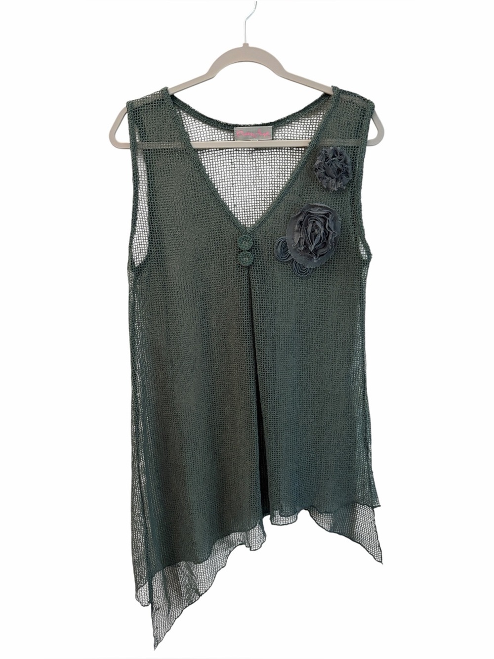 Pretty Angel Olive Green Mesh V-Neck Floral Applique Asymmetrical Tank Large